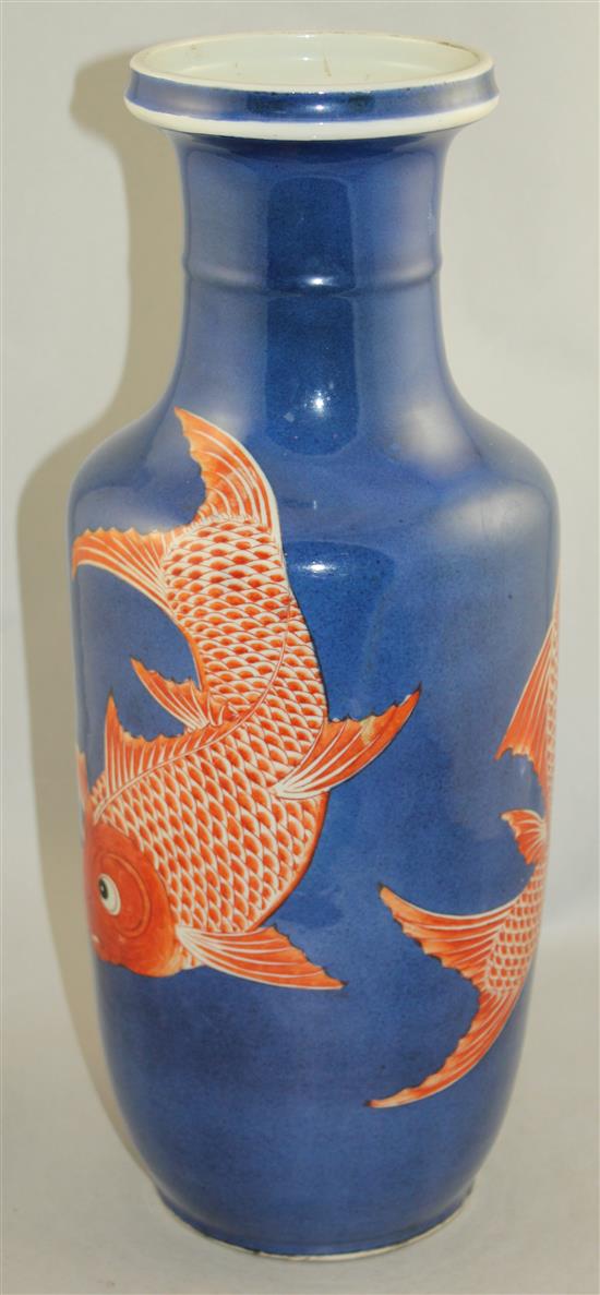 A large Chinese powder blue and iron red rouleau vase, late 19th / early 20th century, 46cm, restored